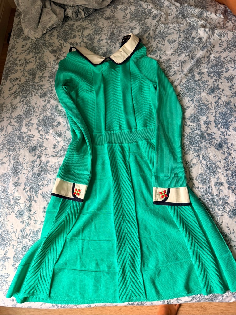 Cynthia Steffe Teal Green Long Sleeve Fit-and-Flare Dress with Cream Trim